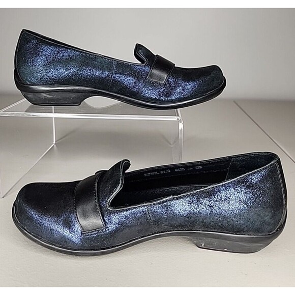 Dansko Olena Women’s 36 Black Leather Blue Metallic Loafer Clogs Flats EUC - Picture 2 of 10